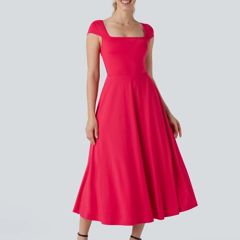Halara Scoop Neck Midi Dress Size Large Red Cap Sleeve Flowy Casual Pockets